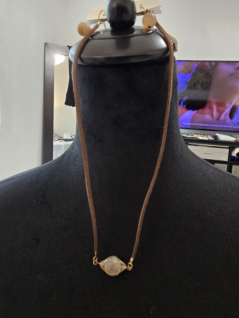 New Brown Leather Cord Necklace with Gold Wire-Wrapped Stone Pendant